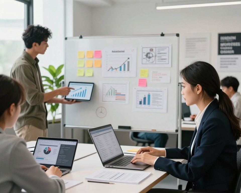 A modern, professional workspace scene showcasing a diverse group of individuals collaborating on digital product creation. In the foreground, a woman in a smart business outfit sits at a sleek desk with a laptop, analyzing e-books and online courses. To her left, a man in a casual yet professional attire gestures towards a digital tablet displaying a chart of sales metrics. In the middle, a large whiteboard captures brainstorming ideas, illustrated with colorful post-it notes and concept sketches. The background reveals a bright and airy office space with greenery and motivational posters. Soft, natural lighting filters through large windows, imbuing the scene with an inspiring, creative atmosphere, perfect for illustrating the notion of selling expertise as digital products in the evolving online marketplace.