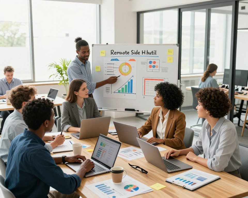 A modern, professional workspace showcasing diverse individuals working collaboratively on strategies to scale a remote sales side hustle. In the foreground, a diverse group of professionals in smart casual attire is gathered around a large table filled with laptops, charts, and coffee mugs, appearing engaged in discussion. In the middle ground, a large whiteboard filled with colorful diagrams and key growth strategies can be seen, surrounded by sticky notes. The background features a bright, open office space with large windows allowing natural light to pour in, creating an airy atmosphere. The scene should convey energy and focus, with a warm color palette emphasizing productivity. Use a slightly elevated angle for a comprehensive view of the workspace while ensuring all subjects are depicted in a respectful, professional manner.