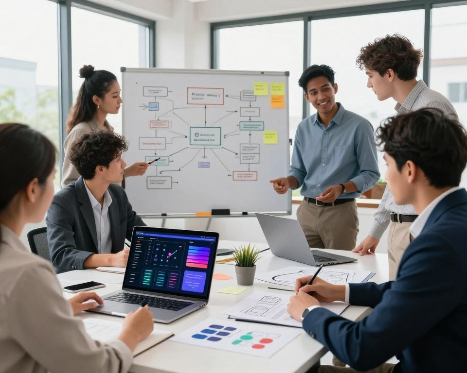 A modern workspace filled with creativity, showcasing a diverse team of professionals in business attire collaborating on a Minimum Viable Product (MVP) using AI tools. In the foreground, a sleek laptop displays a colorful digital dashboard, while team members brainstorm around a table with sketches and digital mockups. The middle ground features a whiteboard covered in flowcharts and sticky notes, illustrating the product development process. In the background, large windows let in bright, natural light, enhancing the dynamic atmosphere of innovation. The scene captures a feeling of productivity and excitement, highlighting the intersection of technology and teamwork, with a focus on agility and rapid development. The overall mood is inspiring and energetic, perfect for conveying the process of building a digital product swiftly with AI. A modern workspace filled with creativity, showcasing a diverse team of professionals in business attire collaborating on a Minimum Viable Product (MVP) using AI tools. In the foreground, a sleek laptop displays a colorful digital dashboard, while team members brainstorm around a table with sketches and digital mockups. The middle ground features a whiteboard covered in flowcharts and sticky notes, illustrating the product development process. In the background, large windows let in bright, natural light, enhancing the dynamic atmosphere of innovation. The scene captures a feeling of productivity and excitement, highlighting the intersection of technology and teamwork, with a focus on agility and rapid development. The overall mood is inspiring and energetic, perfect for conveying the process of building a digital product swiftly with AI.
