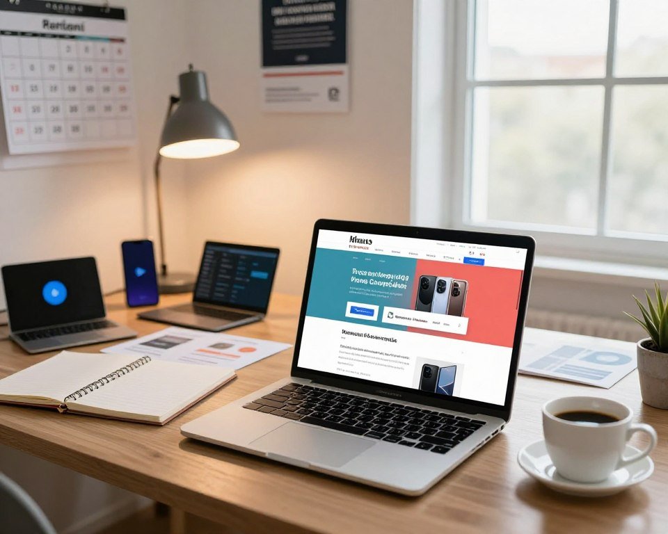 A modern workspace set up for a review blog website monetization theme. In the foreground, a laptop displays a colorful website interface showcasing product reviews and affiliate links, surrounded by a notepad and a cup of coffee. The middle ground features various tech gadgets and printed reviews laid out, along with a stylish desk lamp casting warm light. In the background, a wall-mounted calendar and motivational posters add inspiration, while a large window lets in natural daylight, enhancing the inviting atmosphere. The overall mood is focused and productive, with a professional yet creative vibe, making it ideal for aspiring review bloggers.