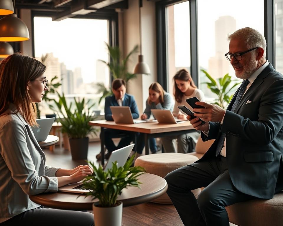 A modern workspace showcasing flexible work opportunities, with a diverse group of professional individuals engaged in various tasks. In the foreground, a young woman in business casual attire is working on a laptop at a stylish coffee shop, while a middle-aged man in formal attire is holding a video call on his smartphone. In the middle, a mixed-gender group is collaborating on a project at a shared workspace, surrounded by plants and soft furnishings. The background features large windows with natural light streaming in, highlighting a cityscape view. The atmosphere is inspiring and vibrant, symbolizing innovation and flexibility in the gig economy. Capture this scene from a slightly elevated angle to emphasize the dynamic interaction among the individuals, with warm, inviting lighting that enhances productivity.