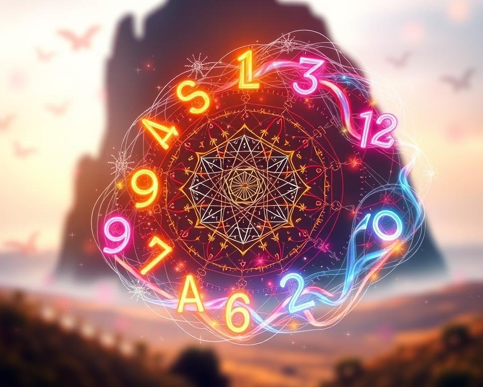 A mystical and imaginative depiction illustrating the concept of numerology and its influence on life patterns. In the foreground, vivid numerology numbers (1-9) are artistically arranged in a swirling pattern, radiating energy and light, symbolizing their impact on personal paths. In the middle ground, intricate geometric patterns and symbols weave through the numbers, suggesting connections and relationships. The background features a serene, blurred landscape of abstract shapes and soft pastel colors, evoking a sense of mystery and contemplation. Use soft, ethereal lighting to highlight the numbers and symbols, casting gentle shadows. The overall atmosphere should be inspiring and enchanting, inviting viewers to explore the hidden meanings behind numerology. A mystical and imaginative depiction illustrating the concept of numerology and its influence on life patterns. In the foreground, vivid numerology numbers (1-9) are artistically arranged in a swirling pattern, radiating energy and light, symbolizing their impact on personal paths. In the middle ground, intricate geometric patterns and symbols weave through the numbers, suggesting connections and relationships. The background features a serene, blurred landscape of abstract shapes and soft pastel colors, evoking a sense of mystery and contemplation. Use soft, ethereal lighting to highlight the numbers and symbols, casting gentle shadows. The overall atmosphere should be inspiring and enchanting, inviting viewers to explore the hidden meanings behind numerology.