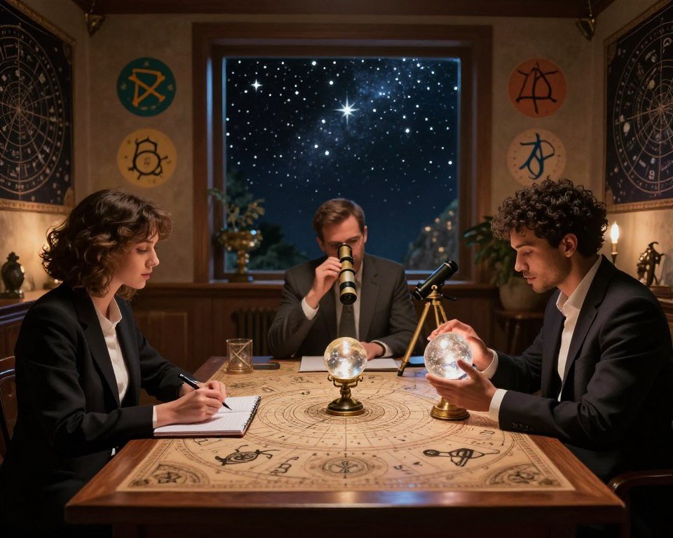 A mystical room with a large, ornate wooden table at the center, covered in astrological charts and numerological tables. In the foreground, a diverse group of three individuals in professional attire, one with a notebook and a pen, another with a telescope, and the third examining a crystal orb, all engaged in a collaborative discussion. Surrounding them, the walls are adorned with celestial maps and colorful zodiac symbols, softly illuminated by warm, ambient lighting that creates a cozy, inviting atmosphere. The background showcases a large window revealing a starry night sky with twinkling stars, enhancing the theme of cosmic integration. The image conveys a sense of unity and discovery, reflecting the holistic understanding achieved by merging numerology and astrology methods.