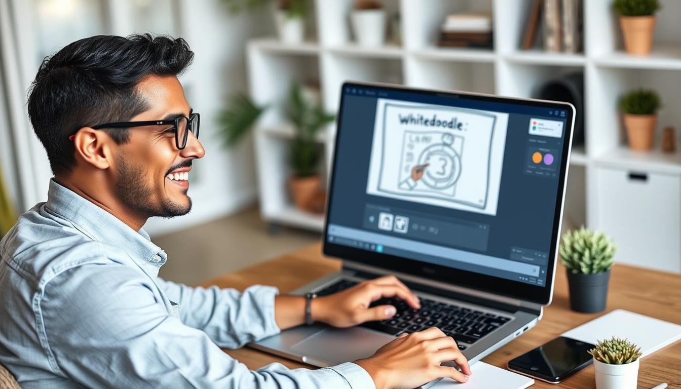 A person using InstaDoodle to create a whiteboard animation on a laptop