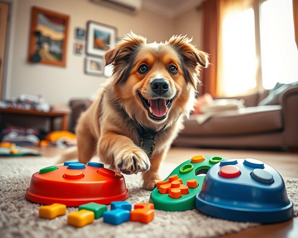 A playful scene of a medium-sized, fluffy dog eagerly interacting with colorful puzzle toys, showcasing its intelligence and curiosity. In the foreground, the dog is intently nudging a treat-dispensing toy with its paws, surrounded by a few scattered puzzle pieces. The middle ground features a cozy living room setting, with a dog bed and some training materials, suggesting a space dedicated to mental stimulation. In the background, a sunny window casts warm, natural light across the room, highlighting the dog's expressive face. The overall mood is joyful and engaging, capturing the essence of canine mental stimulation. The image should evoke a sense of happiness and concentration, portraying the fun and challenge of puzzle games for dogs. A playful scene of a medium-sized, fluffy dog eagerly interacting with colorful puzzle toys, showcasing its intelligence and curiosity. In the foreground, the dog is intently nudging a treat-dispensing toy with its paws, surrounded by a few scattered puzzle pieces. The middle ground features a cozy living room setting, with a dog bed and some training materials, suggesting a space dedicated to mental stimulation. In the background, a sunny window casts warm, natural light across the room, highlighting the dog's expressive face. The overall mood is joyful and engaging, capturing the essence of canine mental stimulation. The image should evoke a sense of happiness and concentration, portraying the fun and challenge of puzzle games for dogs.