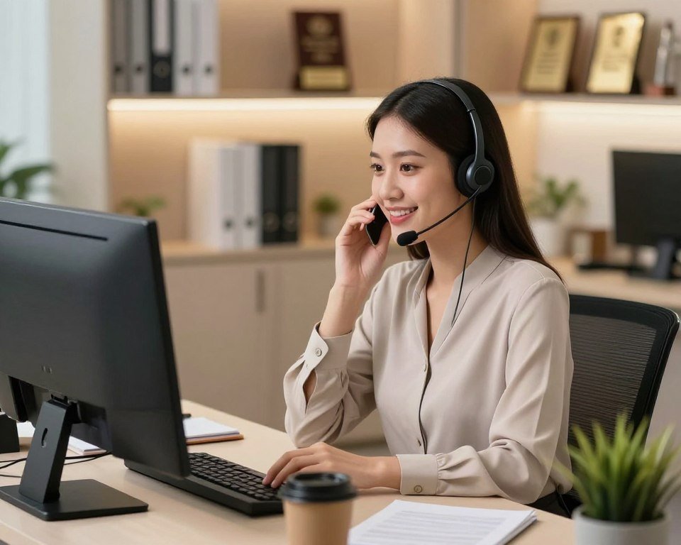 A professional customer service representative in a modern office environment, seated at a sleek desk with a computer and headset, busy assisting a customer via phone. In the foreground, the representative, a young woman of Asian descent, wears a smart and modest blouse, showing a friendly and approachable demeanor. In the middle ground, an organized workspace with office tools like notepads, a coffee mug, and a plant, illustrating a productive setting. In the background, soft-focus shelves containing industry-related books and awards create a sense of professionalism. The lighting is warm and bright, emphasizing a welcoming atmosphere. The camera angle is slightly above eye level, capturing her engaged expression as she listens intently, conveying the responsibility of her role in customer service.