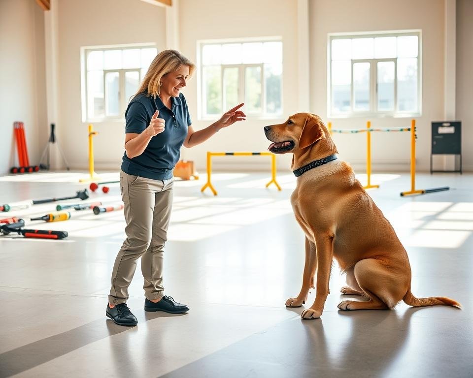 A professional dog trainer interacting with a well-behaved Labrador retriever in a spacious, bright training facility. In the foreground, the trainer, a middle-aged woman dressed in a smart polo shirt and khakis, is demonstrating a training command, exuding confidence and calm authority. The dog sits attentively, showcasing focus and obedience. In the middle ground, various training tools and agility equipment are scattered neatly, indicating a structured training environment. The background features large windows allowing natural light to flood the space, enhancing the warm, inviting atmosphere. Soft shadows form on the polished floor, creating a sense of depth. The overall mood is positive and encouraging, illustrating a professional, engaging dog training atmosphere that highlights the effectiveness of online dog training courses. A professional dog trainer interacting with a well-behaved Labrador retriever in a spacious, bright training facility. In the foreground, the trainer, a middle-aged woman dressed in a smart polo shirt and khakis, is demonstrating a training command, exuding confidence and calm authority. The dog sits attentively, showcasing focus and obedience. In the middle ground, various training tools and agility equipment are scattered neatly, indicating a structured training environment. The background features large windows allowing natural light to flood the space, enhancing the warm, inviting atmosphere. Soft shadows form on the polished floor, creating a sense of depth. The overall mood is positive and encouraging, illustrating a professional, engaging dog training atmosphere that highlights the effectiveness of online dog training courses.