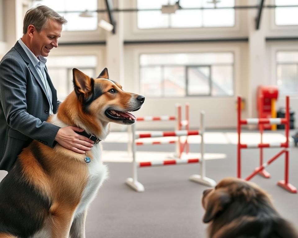 A professional dog training program scene set in a modern training facility. In the foreground, a well-dressed dog trainer demonstrates positive reinforcement techniques with a medium-sized dog, both focused and engaged. The trainer exudes confidence and enthusiasm, wearing a smart casual outfit. In the middle ground, there are various training tools and equipment, such as agility hurdles and treat dispensers, showcasing a structured environment. The background features a bright and airy space with large windows that let in natural light, enhancing the warm atmosphere. The overall mood is motivational and educational, highlighting quality dog training standards. The image should convey a sense of professionalism and commitment to effective training methods, with cleanlines and a well-organized layout. A professional dog training program scene set in a modern training facility. In the foreground, a well-dressed dog trainer demonstrates positive reinforcement techniques with a medium-sized dog, both focused and engaged. The trainer exudes confidence and enthusiasm, wearing a smart casual outfit. In the middle ground, there are various training tools and equipment, such as agility hurdles and treat dispensers, showcasing a structured environment. The background features a bright and airy space with large windows that let in natural light, enhancing the warm atmosphere. The overall mood is motivational and educational, highlighting quality dog training standards. The image should convey a sense of professionalism and commitment to effective training methods, with cleanlines and a well-organized layout.