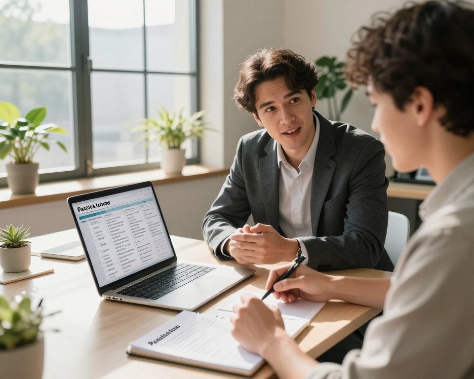 A professional, modern workspace with a sleek desk and laptop open, displaying a detailed financial plan. In the foreground, there are actionable step notes on a notepad. The middle ground features a well-dressed individual in smart casual attire, intently discussing these steps with another person, both showing enthusiasm and focus. A large window in the background allows natural light to flood the room, casting soft shadows and creating a warm, inviting atmosphere. Indoor plants adorn the corners, adding a touch of freshness. The setting is ideal for brainstorming and collaboration, emphasizing the theme of getting started on passive income strategies in 2026. Use a wide-angle lens to capture the entire scene, showcasing a positive and motivational mood. A professional, modern workspace with a sleek desk and laptop open, displaying a detailed financial plan. In the foreground, there are actionable step notes on a notepad. The middle ground features a well-dressed individual in smart casual attire, intently discussing these steps with another person, both showing enthusiasm and focus. A large window in the background allows natural light to flood the room, casting soft shadows and creating a warm, inviting atmosphere. Indoor plants adorn the corners, adding a touch of freshness. The setting is ideal for brainstorming and collaboration, emphasizing the theme of getting started on passive income strategies in 2026. Use a wide-angle lens to capture the entire scene, showcasing a positive and motivational mood.
