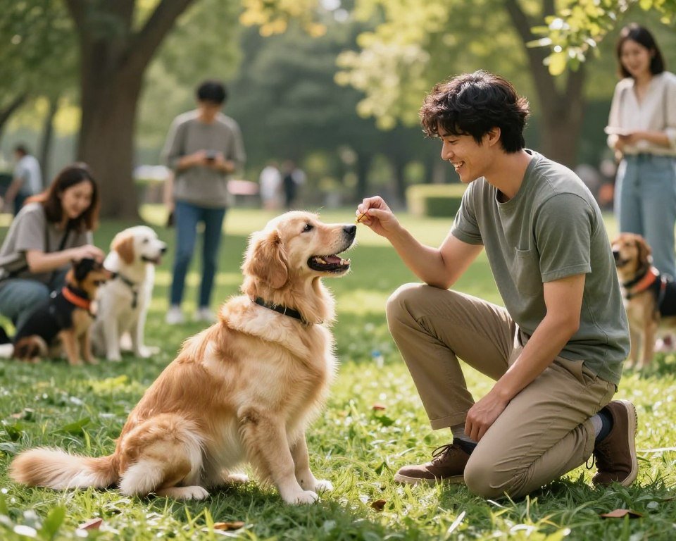 A scene depicting a dedicated dog trainer in a lush park, working with a spirited golden retriever. In the foreground, the trainer, dressed in modest casual clothing, kneels with an encouraging smile, holding a treat to lure the dog into a successful sit command. The middle ground shows the dog happily and attentively following the trainer's cues, demonstrating the essence of positive reinforcement. In the background, other dog owners are seen encountering different training challenges, such as distractions or stubbornness, creating a sense of community and shared experience. Soft, natural lighting filters through the trees, casting gentle shadows, while a warm, optimistic atmosphere pervades the scene, emphasizing the joy of overcoming training obstacles together.