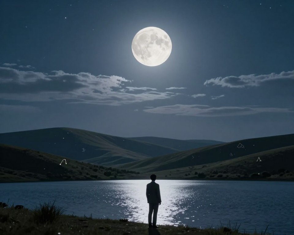A serene and ethereal landscape under a nighttime sky dominated by a luminous full moon, casting soft silver light. In the foreground, a contemplative figure dressed in professional business attire stands at the edge of a tranquil lake, reflecting the moonlight. The middle layer features a gentle transition of rolling hills, dotted with subtle astrological symbols. In the background, wispy clouds weave through a starry sky, suggesting a dreamy atmosphere. The lighting should be soft and diffused, creating a calm and introspective mood, evoking the emotional depth of personality impacts influenced by the moon. The angle is slightly elevated, giving a panoramic view of the scene, capturing both the beauty of nature and its connection to human traits.