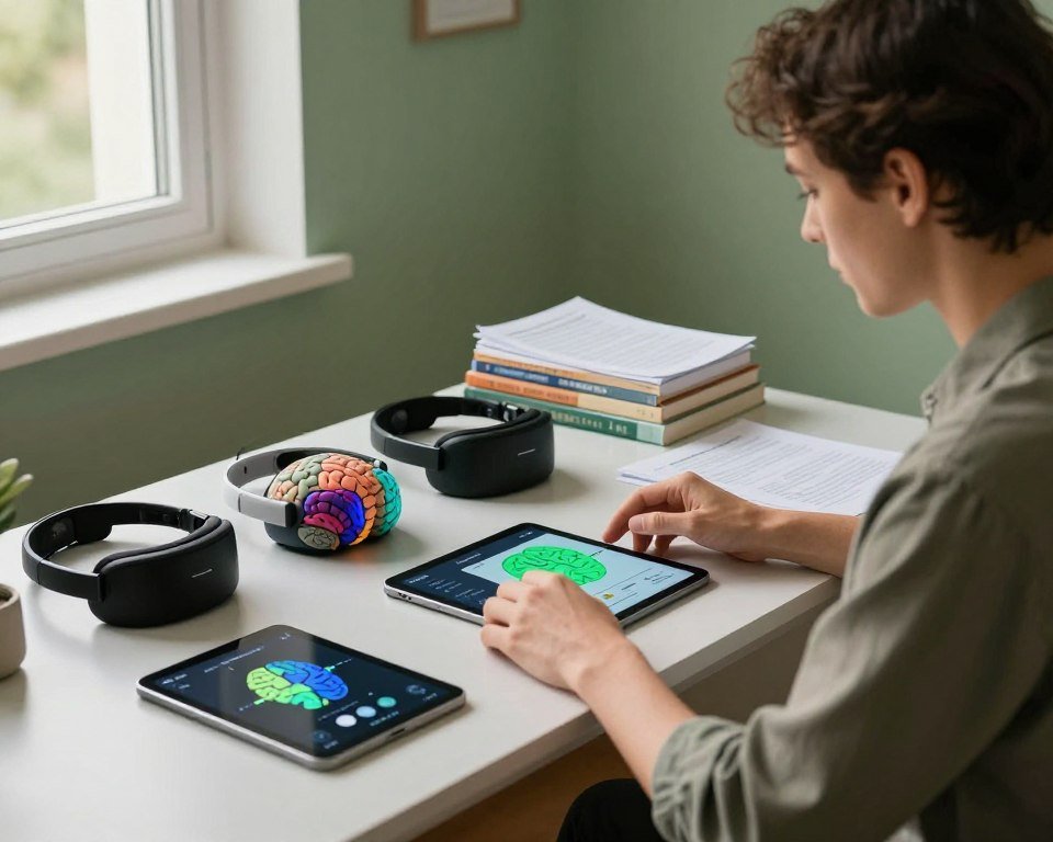 A serene and focused workspace illustrating the concept of choosing brainwave training methods. In the foreground, a professional individual in smart casual attire is sitting at a sleek desk, analyzing a variety of colorful brainwave training tools spread out on the surface, such as EEG headsets, meditation apps displayed on tablets, and graphical representations of brainwave patterns. The middle ground features books and research papers stacked neatly, hinting at scientific exploration. The background has a calming green wall with soft lighting, creating a warm ambiance. A window allows gentle natural light to illuminate the scene, revealing a quiet, inspiring view outside. The mood is one of determination and exploration, inviting the viewer to engage in the journey of brainwave frequency training. A serene and focused workspace illustrating the concept of choosing brainwave training methods. In the foreground, a professional individual in smart casual attire is sitting at a sleek desk, analyzing a variety of colorful brainwave training tools spread out on the surface, such as EEG headsets, meditation apps displayed on tablets, and graphical representations of brainwave patterns. The middle ground features books and research papers stacked neatly, hinting at scientific exploration. The background has a calming green wall with soft lighting, creating a warm ambiance. A window allows gentle natural light to illuminate the scene, revealing a quiet, inspiring view outside. The mood is one of determination and exploration, inviting the viewer to engage in the journey of brainwave frequency training.