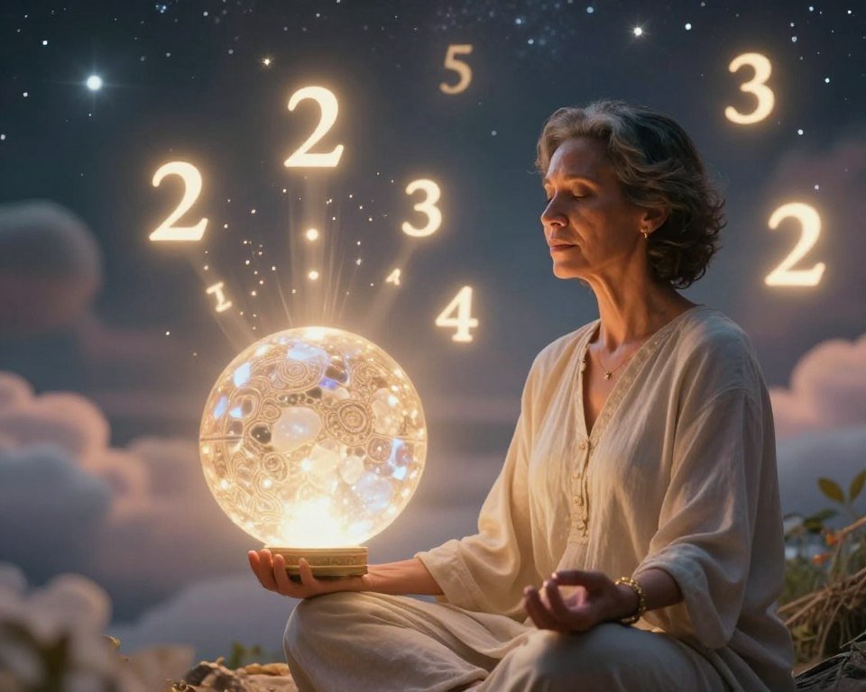 A serene and mystical scene depicting the concept of intuition decoding angel numbers. In the foreground, a wise, middle-aged person of diverse ethnicity sits in a meditative pose, surrounded by softly glowing angel numbers floating around them. In the middle ground, a softly illuminated, ornate crystal ball radiates light, symbolizing insight and clarity. The background features a dreamy, softly blurred landscape of stars and ethereal clouds, with subtle hints of celestial patterns. The lighting is warm, creating an inviting and calm atmosphere. The angle captures the person's focused expression and the luminescence of the angel numbers, emphasizing connection and understanding. The overall mood is one of tranquility, spirituality, and enlightenment. A serene and mystical scene depicting the concept of intuition decoding angel numbers. In the foreground, a wise, middle-aged person of diverse ethnicity sits in a meditative pose, surrounded by softly glowing angel numbers floating around them. In the middle ground, a softly illuminated, ornate crystal ball radiates light, symbolizing insight and clarity. The background features a dreamy, softly blurred landscape of stars and ethereal clouds, with subtle hints of celestial patterns. The lighting is warm, creating an inviting and calm atmosphere. The angle captures the person's focused expression and the luminescence of the angel numbers, emphasizing connection and understanding. The overall mood is one of tranquility, spirituality, and enlightenment.