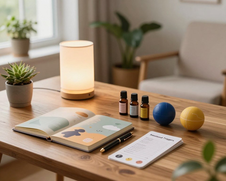 A serene and organized personal toolkit for managing emotional triggers, displayed on a warm wooden table. In the foreground, a beautifully arranged selection of tools: a journal with a calming cover, an elegant pen, essential oil bottles, a stress ball, and mindfulness cards. The middle layer includes a softly lit lamp casting a gentle glow, promoting a peaceful atmosphere. In the background, a cozy nook with potted plants and a plush chair, suggesting comfort and reflection. Natural light streams in through a nearby window, illuminating the scene. The mood is tranquil and inviting, encouraging introspection and self-awareness. The setting implies a balance between professionalism and warmth, with no people present.