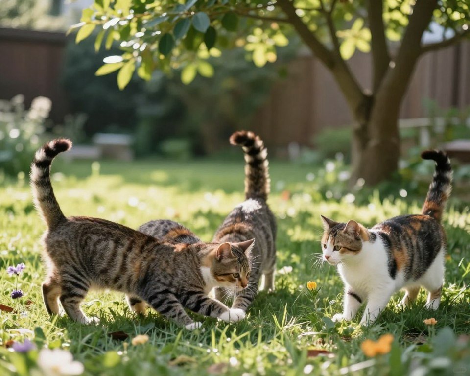 A serene garden scene featuring a variety of cats displaying different tail positions and movements to illustrate feline communication. In the foreground, three cats: one with a high, upright tail representing excitement, another with a low, twitching tail indicating irritation, and a third with a relaxed, gently waving tail symbolizing contentment. The middle ground includes a soft, sunlit lawn with scattered flowers, providing a calming, natural atmosphere. In the background, a leafy tree casts dappled sunlight, enhancing the tranquil mood. Use soft, natural lighting to emphasize the cats' playful interactions and expressions. The composition should be shot from a low angle to capture the full body language of the cats, showcasing their tails prominently and illustrating the importance of tail positions in understanding their emotions.