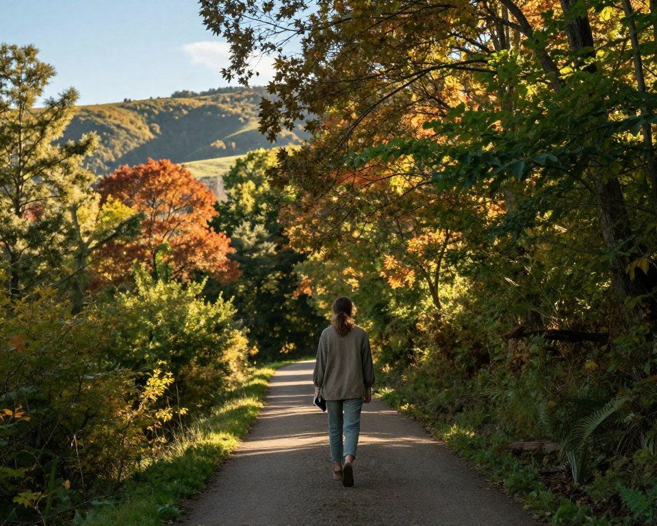 A serene landscape depicting a winding path through a vibrant forest symbolizes a self-discovery journey. In the foreground, a person dressed in modest casual clothing walks thoughtfully along the path, carrying a journal. The middle ground features lush, colorful trees with dappled sunlight filtering through the leaves, creating a warm and inviting atmosphere. In the background, gentle hills rise under a clear blue sky, indicating the vast possibilities that lie ahead. The lighting is soft, evoking feelings of hope and introspection, while a shallow depth of field focuses on the individual, subtly highlighting the personal nature of their journey. The overall mood is contemplative and inspiring, inviting viewers to consider their own paths of self-discovery.