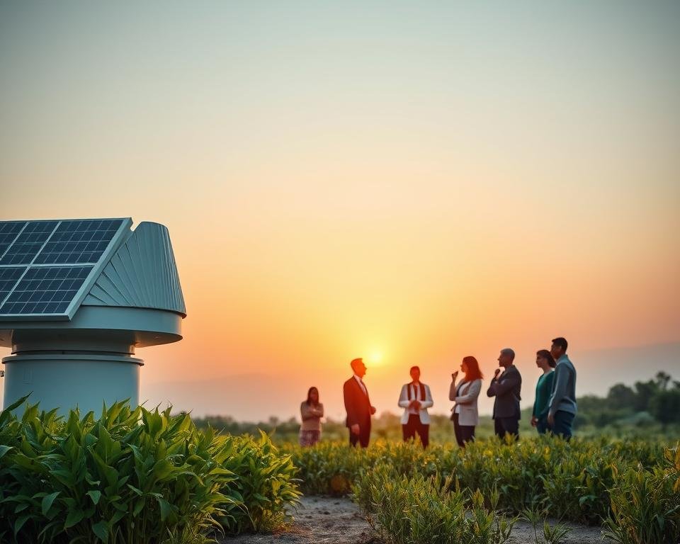 A serene landscape showcasing innovative sustainable water solutions. In the foreground, a modern atmospheric water generator captures moisture from the air, designed with sleek fins and solar panels. Beside it, vibrant greenery flourishes, demonstrating the relationship between water collection and plant life. In the middle ground, a community of diverse individuals in professional attire gathers around, discussing the system's benefits, with expressions of hope and cooperation. The background features a gentle gradient sky transitioning from warm sunset hues to twilight blues, symbolizing the harmony between technology and nature. Soft, natural lighting highlights the scene, providing a peaceful and optimistic atmosphere that emphasizes environmental sustainability and community engagement.