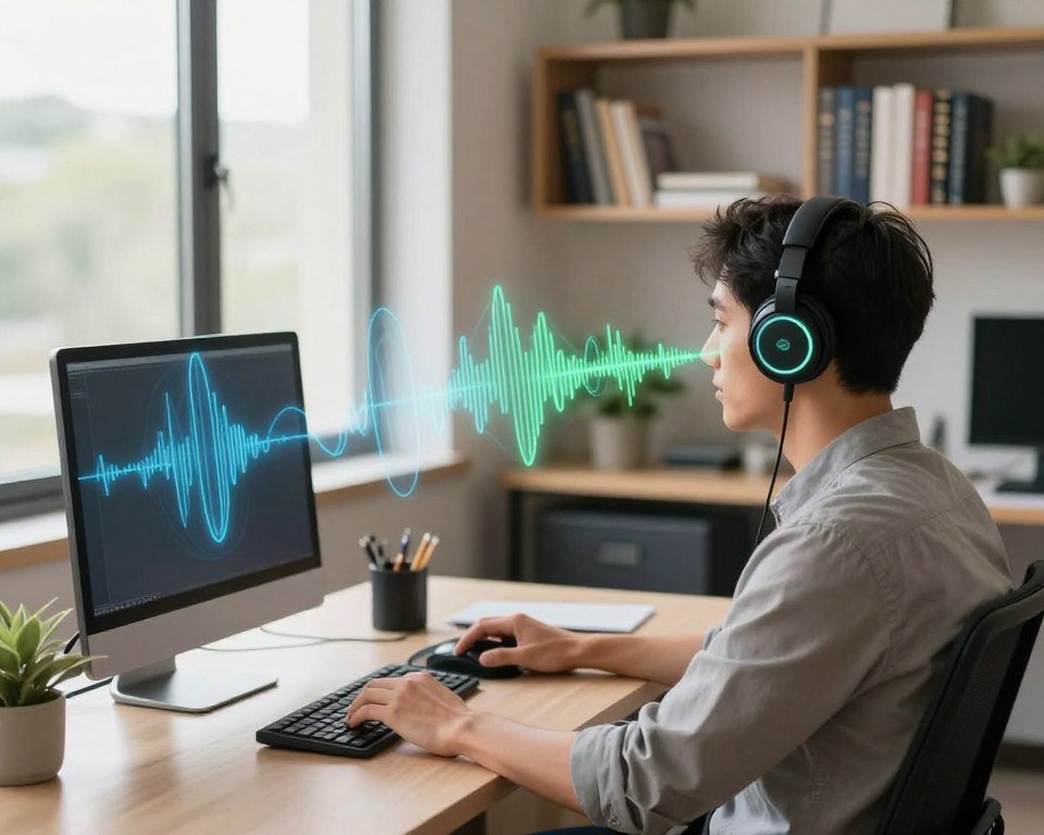 A serene office environment featuring a modern workspace designed for focus and clarity. In the foreground, a person in business casual attire is seated at a desk with headphones on, deeply engrossed in listening to audio stimulation techniques. Soft sound waves in visual form emanate from the headphones, depicted in gentle, flowing lines of blue and green. In the middle, a large window allows natural light to pour in, creating a warm and inviting atmosphere. Shelves in the background are lined with books on neuroscience and mindfulness, complementing the theme of brainwave entrainment. The overall mood is calm and focused, emphasizing clarity and concentration. The image is captured from a slightly elevated angle to provide depth and insight into the workspace.