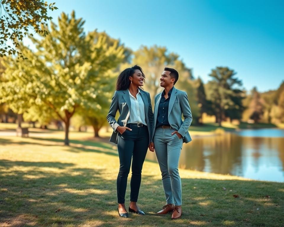 A serene outdoor setting illustrating healthy boundaries in relationships. In the foreground, a diverse couple stands a few feet apart, both dressed in business casual attire, smiling and engaging in warm, open body language. The middle ground features a lush park with gentle sunlight filtering through the leaves, creating a soft, inviting glow. In the background, a peaceful lake reflects the clear blue sky, symbolizing tranquility and balance. The lighting is warm and natural, casting soft shadows that enhance the peaceful atmosphere. The overall mood is harmonious, emphasizing the importance of maintaining individuality while fostering a connection. The angle is slightly elevated, providing a broad view of the scene, highlighting the couple's respectful distance.
