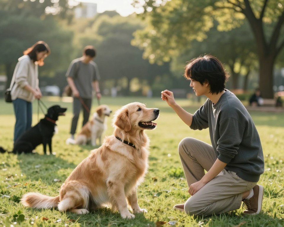 A serene park setting serves as the backdrop for a responsible first step in canine education. In the foreground, a person, dressed in modest casual clothing, kneels beside a friendly golden retriever, holding a treat and demonstrating positive reinforcement techniques. The dog's ears perk up, showcasing eagerness to learn. In the middle ground, a few other dog owners observe, each engaged in training activities, fostering a sense of community. The background features soft greenery and tall trees, with gentle sunlight filtering through, creating a warm and inviting atmosphere. The image captures a peaceful morning scene, emphasizing the joy and responsibility of starting the dog training journey with care and love. The perspective is slightly angled to provide depth and showcase the bond between the person and the dog. A serene park setting serves as the backdrop for a responsible first step in canine education. In the foreground, a person, dressed in modest casual clothing, kneels beside a friendly golden retriever, holding a treat and demonstrating positive reinforcement techniques. The dog's ears perk up, showcasing eagerness to learn. In the middle ground, a few other dog owners observe, each engaged in training activities, fostering a sense of community. The background features soft greenery and tall trees, with gentle sunlight filtering through, creating a warm and inviting atmosphere. The image captures a peaceful morning scene, emphasizing the joy and responsibility of starting the dog training journey with care and love. The perspective is slightly angled to provide depth and showcase the bond between the person and the dog.