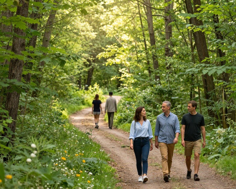 A serene pathway leading into a lush forest, symbolizing the beginning of a self-discovery journey. In the foreground, a diverse group of three individuals—one woman in a light blue blouse and two men in casual, modest clothing—are walking together, engaged in thoughtful conversation. In the middle ground, the path winds through vibrant green foliage dotted with wildflowers, creating a sense of warmth and invitation. In the background, gentle sunlight filters through the trees, casting dappled light on the path, evoking a feeling of hope and possibility. The mood is uplifting and reflective, encouraging a sense of adventure and introspection. The angle is slightly elevated to capture both the path and the forest's lushness, enhancing the journey's allure.