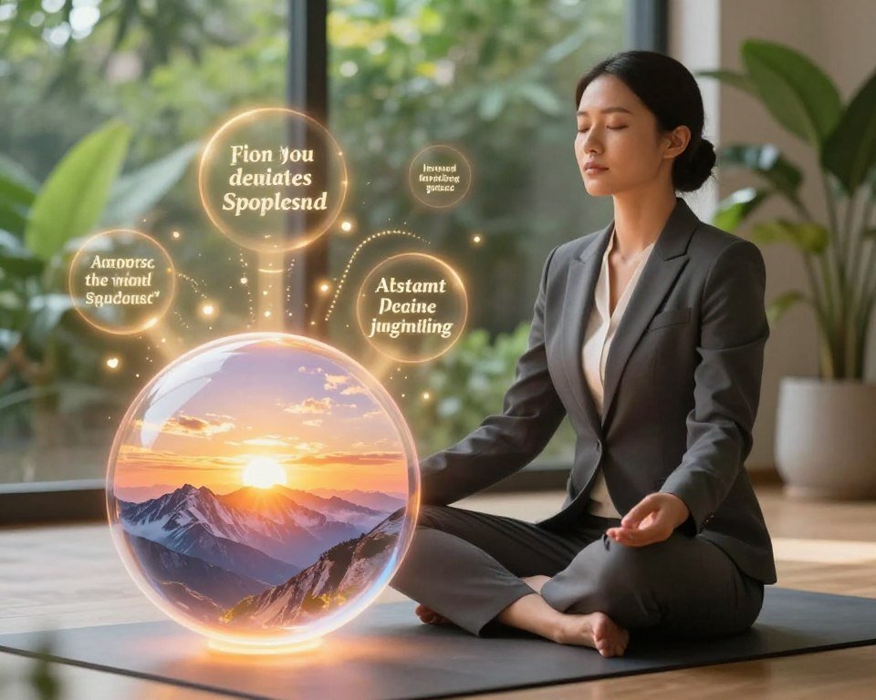 A serene setting depicting a tranquil meditation space, with a confident individual in professional attire sitting cross-legged on a soft mat, eyes gently closed in deep concentration. In the foreground, a vibrant visualization bubble showcases inspiring images of mountains, sunrise, and open skies, symbolizing goals and aspirations. The middle ground features softly glowing orbs of positive affirmations in elegant typography, radiating warmth and encouragement. The background is a calming environment with lush greenery and gentle light filtering through, creating a peaceful atmosphere. The scene is illuminated with soft, natural lighting that evokes positivity and tranquility, captured from a slightly elevated angle to emphasize the depth of the visualization. The overall mood is harmonious and uplifting, encouraging a sense of focus and possibility. A serene setting depicting a tranquil meditation space, with a confident individual in professional attire sitting cross-legged on a soft mat, eyes gently closed in deep concentration. In the foreground, a vibrant visualization bubble showcases inspiring images of mountains, sunrise, and open skies, symbolizing goals and aspirations. The middle ground features softly glowing orbs of positive affirmations in elegant typography, radiating warmth and encouragement. The background is a calming environment with lush greenery and gentle light filtering through, creating a peaceful atmosphere. The scene is illuminated with soft, natural lighting that evokes positivity and tranquility, captured from a slightly elevated angle to emphasize the depth of the visualization. The overall mood is harmonious and uplifting, encouraging a sense of focus and possibility.