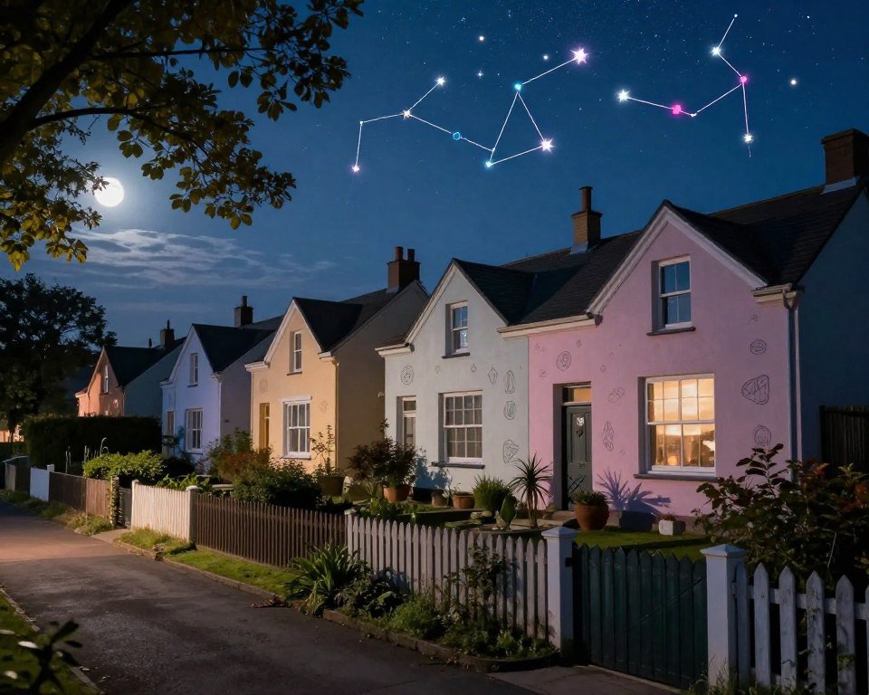 A serene twilight scene depicting a row of empty houses, each one reflecting a different astrological house theme, from creativity to relationships. In the foreground, a quiet street with overgrown gardens and weathered fences invites contemplation. The middle ground shows the facades of the houses, painted in soft pastels, with subtle astrological symbols etched into their walls. In the background, a clear night sky filled with constellations, emphasizing a stellium's energy, with clusters of vibrant stars illuminating the scene. Soft moonlight filters through the branches of trees, casting gentle shadows. The atmosphere is contemplative and mystical, inviting viewers to explore the connections between home, space, and astrology. The image is captured with a wide-angle lens, showcasing the depth and quiet beauty of the neighborhood.