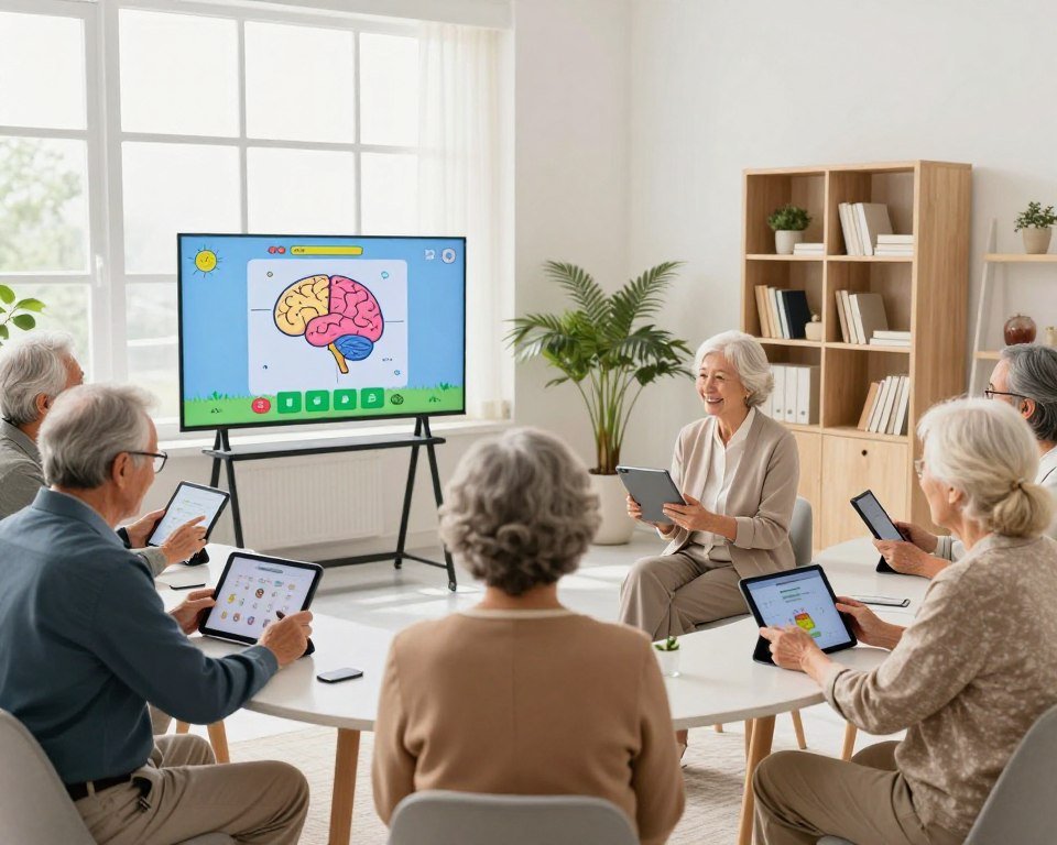 A serene, well-lit room designed for seniors, featuring modern technology integrated into a comfortable setting. In the foreground, a diverse group of older adults, dressed in smart casual attire, are actively engaged in a cognitive training exercise on tablets. The middle ground includes a large screen displaying colorful brain games and cognitive tasks, with an inviting layout. Bright, natural light streams in through large windows, creating an uplifting atmosphere. Soft, neutral colors dominate the decor, with plants adding a touch of warmth. The background shows shelves filled with books and resources on cognitive health. The overall mood is positive and focused, reflecting a supportive environment for cognitive enhancement and well-being.