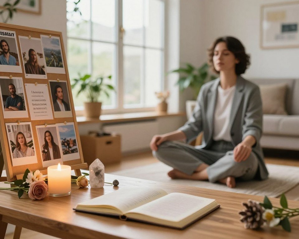 A serene workspace showcasing practical manifestation techniques. In the foreground, a wooden desk adorned with a journal, crystals, and a vision board filled with inspiring images. A soft, glowing candle sits nearby, surrounded by fresh flowers. In the middle, a peaceful individual dressed in smart casual attire practices visualization, sitting cross-legged on a comfy rug, hands resting on their knees. The background features a large window, letting in warm natural light that enhances the calming atmosphere, with plants and inspiring quotes visible. The scene conveys tranquility, focus, and positivity. A slight bokeh effect on the background emphasizes the subject, creating a sense of depth and serenity.