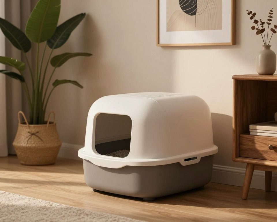 A stylish and modern cat litter box design, set in a chic, minimalist home interior. In the foreground, showcase a sophisticated litter box with smooth lines and a sleek finish, incorporating high-quality materials like wood and ceramic. The middle ground should feature a well-decorated room with elegant decor, such as potted plants and tasteful artwork on the walls, highlighting a harmonious blend of style and functionality. The background should include a soft, neutral-colored wall, adding to the sophisticated ambiance. Warm, soft lighting enhances the cozy atmosphere, with a lens focus that highlights the litter box as a centerpiece in the room. The mood is inviting and stylish, perfect for design-conscious cat owners.