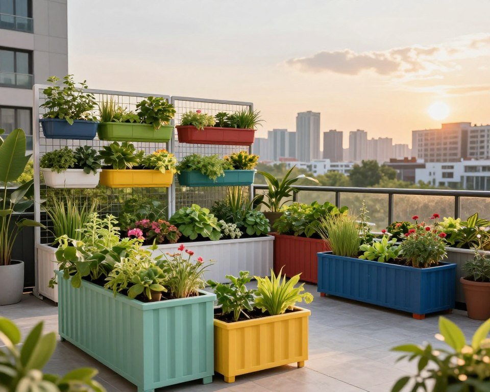 A vibrant and innovative container gardening scene showcasing flexible gardening solutions for urban living in 2026. In the foreground, a variety of colorful, stylish containers filled with lush plants, including herbs, flowers, and small vegetables, arranged on a balcony with a modern design. In the middle ground, creative vertical gardening systems, such as wall planters and hanging pots, feature thriving greenery. The background displays a city skyline under soft, warm sunset lighting, casting a golden hue over the scene. Utilize a wide-angle perspective to capture the entire setup, creating an atmosphere of tranquility and inspiration, emphasizing sustainable gardening. The mood is optimistic, reflecting the harmonious blend of nature within an urban environment. A vibrant and innovative container gardening scene showcasing flexible gardening solutions for urban living in 2026. In the foreground, a variety of colorful, stylish containers filled with lush plants, including herbs, flowers, and small vegetables, arranged on a balcony with a modern design. In the middle ground, creative vertical gardening systems, such as wall planters and hanging pots, feature thriving greenery. The background displays a city skyline under soft, warm sunset lighting, casting a golden hue over the scene. Utilize a wide-angle perspective to capture the entire setup, creating an atmosphere of tranquility and inspiration, emphasizing sustainable gardening. The mood is optimistic, reflecting the harmonious blend of nature within an urban environment.