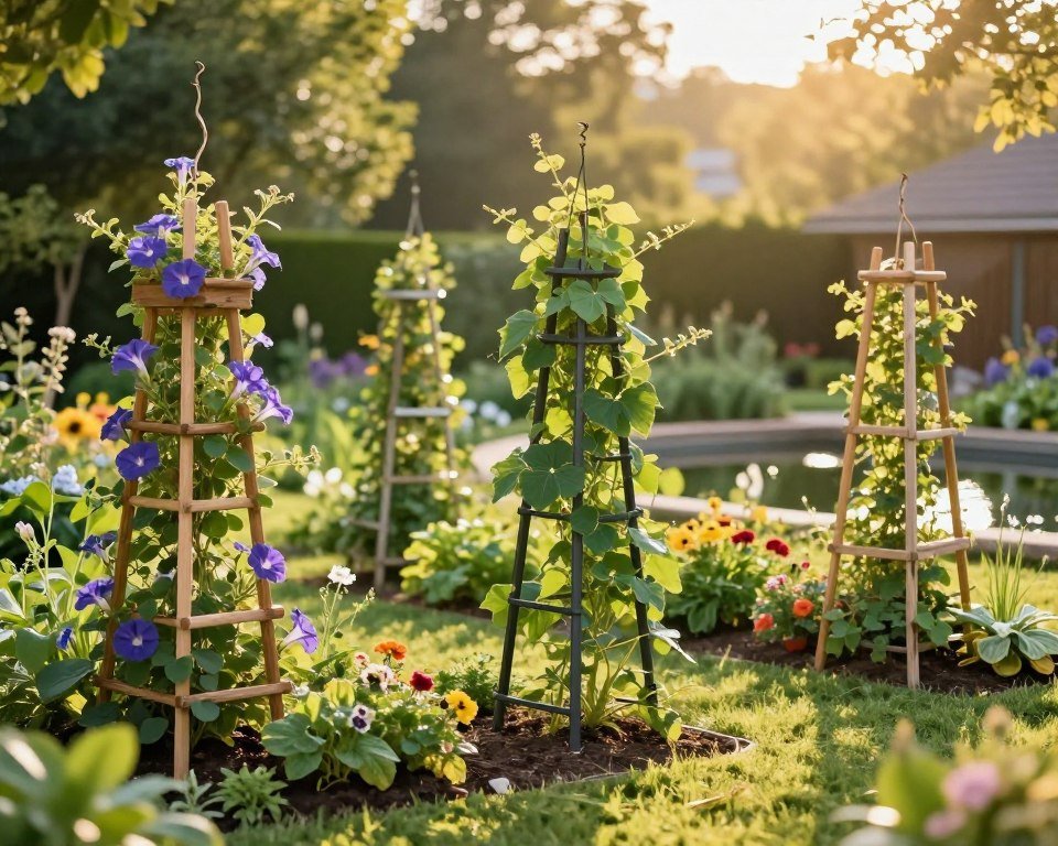 A vibrant backyard scene showcasing a variety of creative and functional garden trellis designs. In the foreground, several trellises crafted from natural wood and metal are adorned with lush climbing plants like morning glories and grapevines, creating a lush, green tapestry. The middle ground features a small patch of colorful flowers and vegetables, enhancing the self-sufficient aesthetic. In the background, a sunlit garden with a soft-focus effect highlights trees and a serene pond, casting gentle reflections. The lighting is warm and inviting, evoking a tranquil atmosphere, resembling late afternoon sunlight. The image has a shallow depth of field, focusing on the trellises while subtly blurring the background, creating a dreamy yet practical garden ambiance ideal for DIY enthusiasts. A vibrant backyard scene showcasing a variety of creative and functional garden trellis designs. In the foreground, several trellises crafted from natural wood and metal are adorned with lush climbing plants like morning glories and grapevines, creating a lush, green tapestry. The middle ground features a small patch of colorful flowers and vegetables, enhancing the self-sufficient aesthetic. In the background, a sunlit garden with a soft-focus effect highlights trees and a serene pond, casting gentle reflections. The lighting is warm and inviting, evoking a tranquil atmosphere, resembling late afternoon sunlight. The image has a shallow depth of field, focusing on the trellises while subtly blurring the background, creating a dreamy yet practical garden ambiance ideal for DIY enthusiasts.