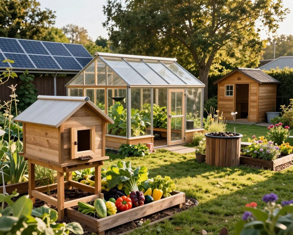 A vibrant backyard scene showcasing functional outdoor structures designed for self-sufficiency. In the foreground, a rustic wooden chicken coop with open windows and a small garden nearby, filled with colorful vegetables. The middle ground features a sturdy greenhouse made of glass and wood, with lush plants growing inside. A compost bin sits adjacent, surrounded by native flowers. In the background, a small solar panel setup captures sunlight, and a cozy timber shed is nestled under tall trees. The lighting is warm and inviting, resembling late afternoon sunshine, casting long shadows. The atmosphere is peaceful and productive, embodying a sense of harmony with nature, perfect for promoting self-sufficient living. A vibrant backyard scene showcasing functional outdoor structures designed for self-sufficiency. In the foreground, a rustic wooden chicken coop with open windows and a small garden nearby, filled with colorful vegetables. The middle ground features a sturdy greenhouse made of glass and wood, with lush plants growing inside. A compost bin sits adjacent, surrounded by native flowers. In the background, a small solar panel setup captures sunlight, and a cozy timber shed is nestled under tall trees. The lighting is warm and inviting, resembling late afternoon sunshine, casting long shadows. The atmosphere is peaceful and productive, embodying a sense of harmony with nature, perfect for promoting self-sufficient living.