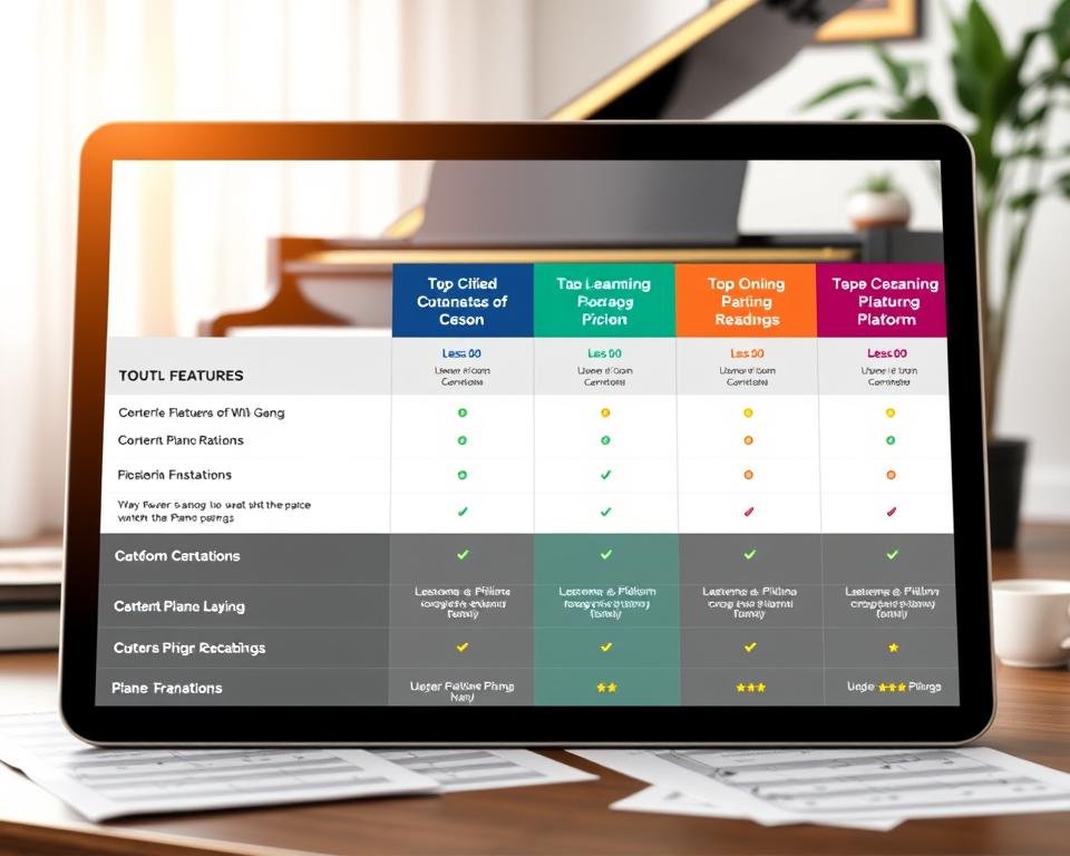 A vibrant comparison chart showcasing top online piano learning platforms for adults, organized into distinct sections. In the foreground, depict a sleek digital device like a tablet or laptop displaying a side-by-side comparison of platform features, such as lessons, pricing, and user ratings. The middle ground features a cozy home setting with a stylish piano, surrounded by scattered sheet music and a cup of coffee, emphasizing a learning environment. In the background, soft natural light streams through a window, creating a warm and inviting atmosphere. The overall mood is professional yet approachable, illustrating the modernity of online learning. The scene is presented from a slightly elevated angle, ensuring clarity and focus on the comparison aspect without any text or distractions.