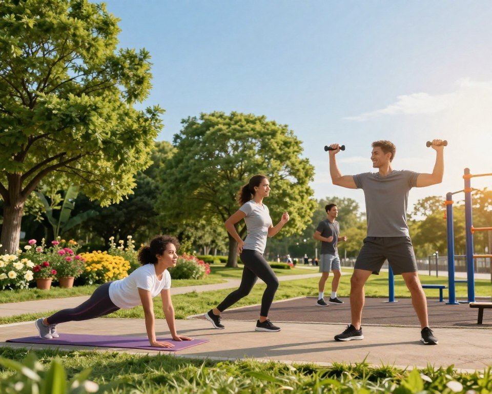 A vibrant, inspiring scene depicting the benefits of regular exercise for beginners. In the foreground, a diverse group of three individuals dressed in professional-looking activewear, engaging in different activities: one is doing yoga on a mat, another is jogging along a scenic park path, and the third is lifting light weights in a sunny outdoor gym. In the middle ground, lush green trees and flowers flourish, while a clear blue sky adds to the uplifting atmosphere. In the background, a gentle gradient suggests the early morning or late afternoon light, casting soft shadows which enhance the sense of warmth and positivity. The overall mood is motivational, emphasizing a supportive community and the joy of beginning a fitness journey.