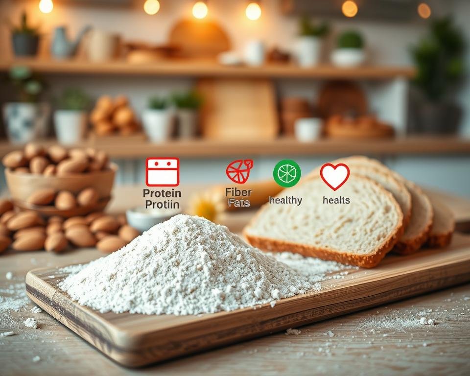 A vibrant kitchen scene showcasing the nutritional benefits of almond flour as a wheat alternative. In the foreground, a wooden cutting board displays a finely textured pile of almond flour alongside whole almonds and a sliced loaf of freshly baked almond flour bread. In the middle, a variety of visual representations of almond flour's health benefits appear, such as protein, fiber, and healthy fats, illustrated with colorful icons (like a protein bar, fiber strands, and heart symbols). The background features a well-lit kitchen with warm, inviting lighting, and natural elements like plants and rustic kitchenware to enhance a cozy atmosphere. A shallow depth of field focuses on the foreground details, creating a clean and professional look. A vibrant kitchen scene showcasing the nutritional benefits of almond flour as a wheat alternative. In the foreground, a wooden cutting board displays a finely textured pile of almond flour alongside whole almonds and a sliced loaf of freshly baked almond flour bread. In the middle, a variety of visual representations of almond flour's health benefits appear, such as protein, fiber, and healthy fats, illustrated with colorful icons (like a protein bar, fiber strands, and heart symbols). The background features a well-lit kitchen with warm, inviting lighting, and natural elements like plants and rustic kitchenware to enhance a cozy atmosphere. A shallow depth of field focuses on the foreground details, creating a clean and professional look.