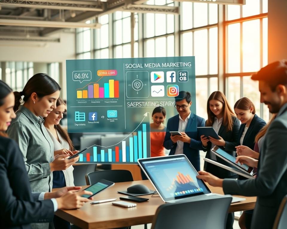 A vibrant office scene showcasing digital career growth opportunities in social media marketing. In the foreground, a diverse group of professionals, dressed in smart casual attire, actively engaging with digital devices—tablets and laptops—with charts and graphs on their screens reflecting upward trends. In the middle ground, a large interactive digital display illustrates social media statistics and marketing strategies, with colorful visuals of popular platforms like Instagram and Facebook. The background features a bright, modern office space with large windows allowing natural light to flood in, creating an inspiring and energetic atmosphere. Soft, warm lighting enhances the optimism of the scene, emphasizing innovation and teamwork, while a wide-angle view captures the collaboration and enthusiasm of the professionals.