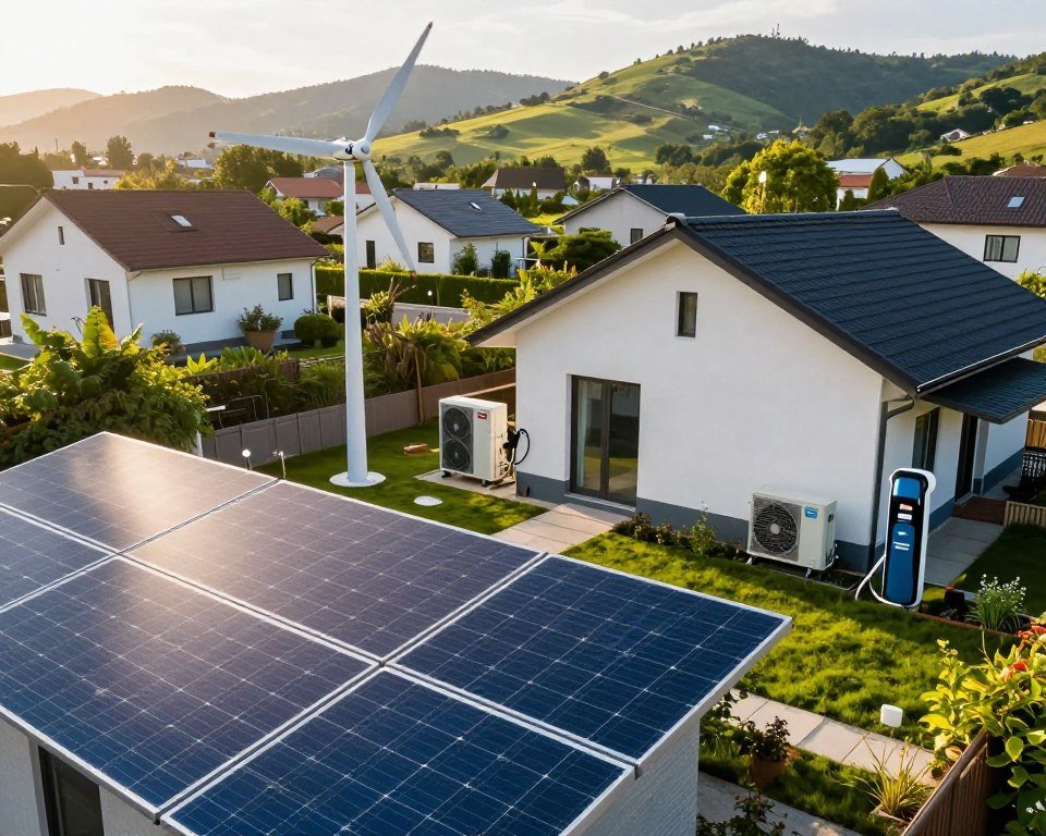 A vibrant residential neighborhood showcasing various alternative energy systems. In the foreground, a sleek solar panel array dominates a well-maintained backyard, glinting under the afternoon sun. Nearby, a compact wind turbine spins gently, its blades catching the light. In the middle, a modern home features an electric vehicle charging station, alongside a small geothermal heat pump system. The background displays rolling hills dotted with trees, bathed in warm natural light for a tranquil atmosphere. The scene is captured from a slightly elevated angle, providing a clear view of the home's eco-friendly features. The composition radiates an inviting and sustainable vibe, ideal for homeowners exploring energy alternatives.