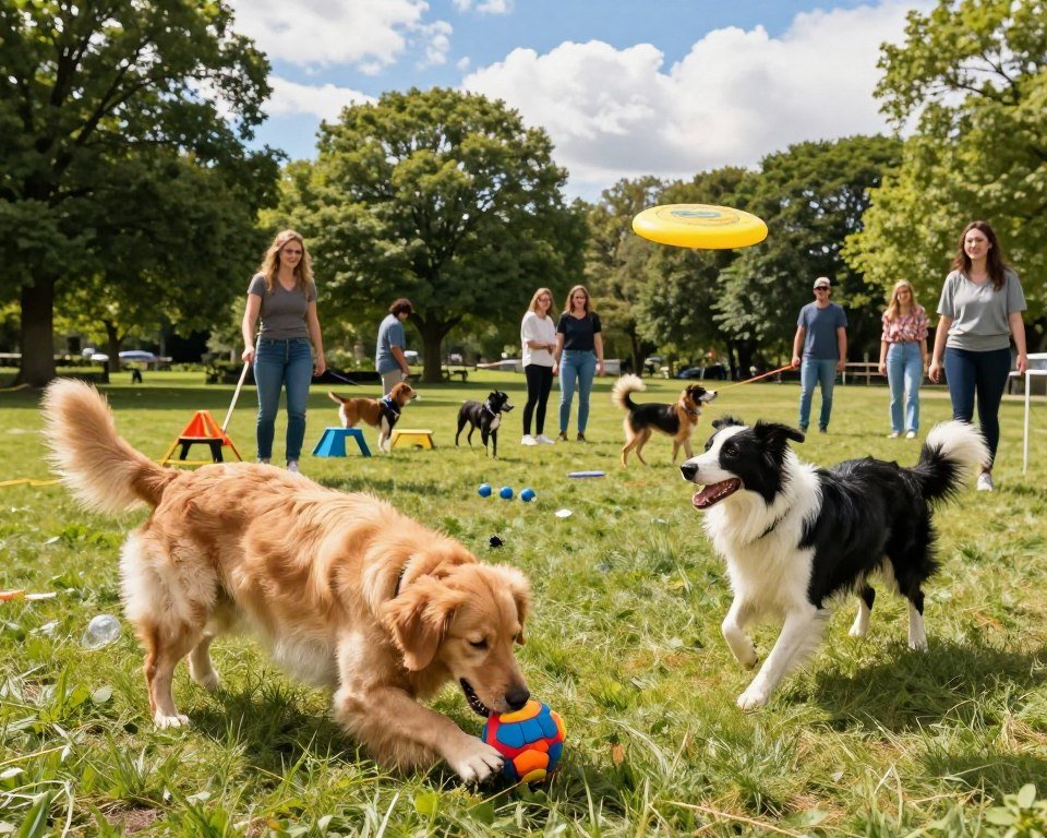 A vibrant scene showcasing interactive dog play activities in a sunny park. In the foreground, a playful golden retriever is interacting with a puzzle toy, expertly nudging it with its nose. Nearby, a border collie is energetically chasing a flying frisbee. In the middle ground, a diverse group of people, dressed in casual attire, are engaged with their dogs, demonstrating various problem-solving activities like agility courses and fetch games. The background features lush green trees and a blue sky with fluffy white clouds, creating a cheerful atmosphere. The sunlight filters through the leaves, casting soft shadows, enhancing the lively and engaging mood of the scene. Use a wide-angle lens to capture the dynamic interaction and the joyful expressions of both dogs and owners.