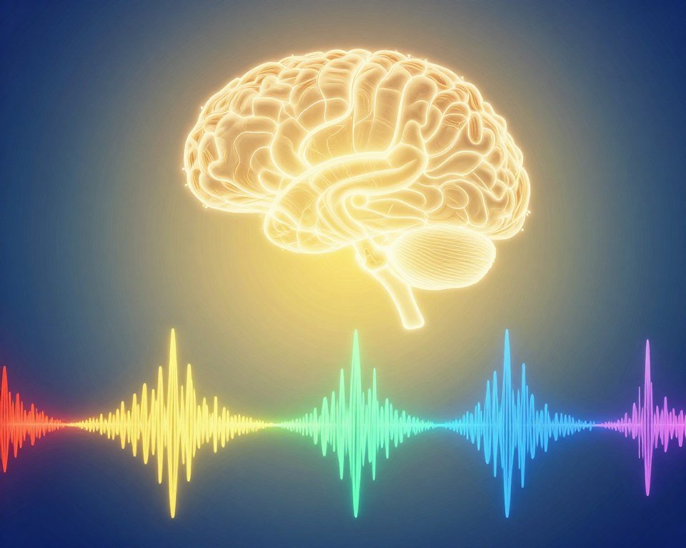 A visually captivating representation of full spectrum brainwave frequencies including gamma, delta, alpha, and beta waves. In the foreground, a vibrant abstract illustration of interconnected waveforms in a spectrum of colors, emphasizing the unique qualities of each frequency. The middle layer shows a glowing neural network, symbolizing the complex interactivity of different brainwave states. The background features a soft gradient transitioning from deep blue to bright yellow, evoking the spectrum of consciousness. The scene is illuminated with ethereal lighting that casts gentle glows, suggesting a harmonious balance of brain activity. The mood is enlightening and intriguing, inviting viewers to explore the intricacies of brainwave dynamics in a serene, yet stimulating environment. A visually captivating representation of full spectrum brainwave frequencies including gamma, delta, alpha, and beta waves. In the foreground, a vibrant abstract illustration of interconnected waveforms in a spectrum of colors, emphasizing the unique qualities of each frequency. The middle layer shows a glowing neural network, symbolizing the complex interactivity of different brainwave states. The background features a soft gradient transitioning from deep blue to bright yellow, evoking the spectrum of consciousness. The scene is illuminated with ethereal lighting that casts gentle glows, suggesting a harmonious balance of brain activity. The mood is enlightening and intriguing, inviting viewers to explore the intricacies of brainwave dynamics in a serene, yet stimulating environment.