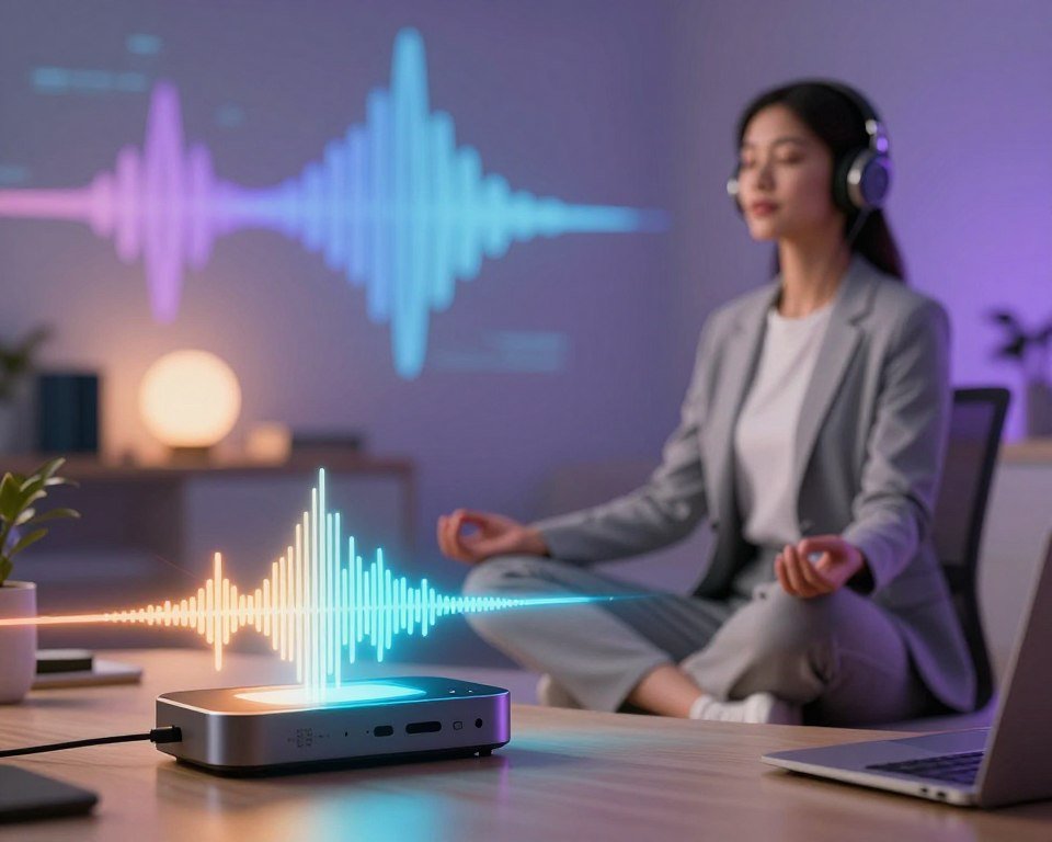 A visually engaging comparison of binaural beats and isochronic tones, set in a softly lit, modern workspace. In the foreground, a sleek audio device with glowing sound waves emanating from it, representing binaural beats. Beside it, an artistic representation of isochronic tones, depicted as rhythmic pulses of light in varying colors spreading outward. In the middle ground, a serene individual wearing professional attire sits with headphones on, clearly focused and relaxed, in a meditative state. The background features abstract sound wave graphics and tranquil shades of blue and purple, enhancing the calming atmosphere. The lighting is warm and inviting, capturing the essence of brainwave entrainment and mindfulness. The overall mood is peaceful and contemplative, inviting viewers to explore the benefits of these techniques.