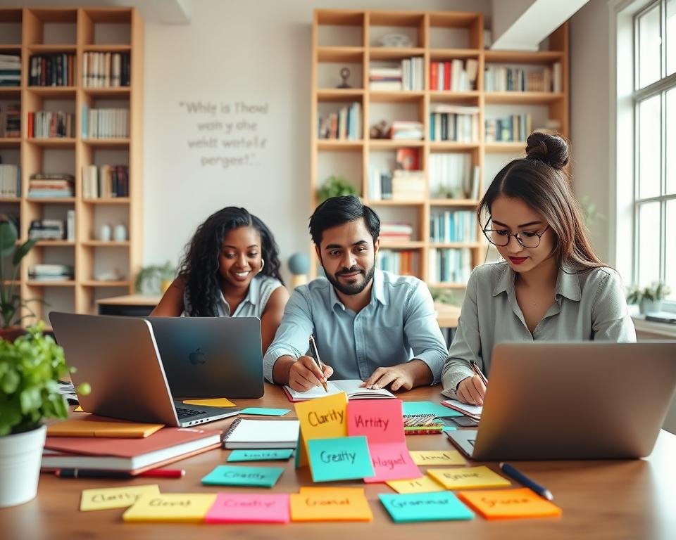 A visually engaging composition showcasing essential writing skills for online success. In the foreground, a diverse group of three professional individuals (a black woman, a Hispanic man, and an Asian woman) sit at a modern workspace, each focused on their laptops, surrounded by notebooks and writing tools. The middle ground features an array of colorful sticky notes with key writing tips, like A visually engaging composition showcasing essential writing skills for online success. In the foreground, a diverse group of three professional individuals (a black woman, a Hispanic man, and an Asian woman) sit at a modern workspace, each focused on their laptops, surrounded by notebooks and writing tools. The middle ground features an array of colorful sticky notes with key writing tips, like