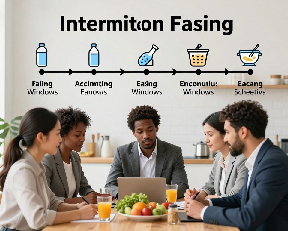 A visually engaging illustration of a step-by-step guide to starting intermittent fasting. In the foreground, a diverse group of individuals dressed in professional business attire, including a woman of Asian descent and a man of Black descent, are gathered around a table with food items symbolizing various meal options illustrating different fasting schedules. In the middle ground, infographics displaying a simple timeline with arrows showing the fasting and eating windows, along with icons representing water intake and meal prep. The background features a calming kitchen setting with soft, natural lighting, emphasizing a healthy lifestyle. The overall mood is informative and encouraging, capturing the essence of a supportive approach to beginning intermittent fasting.