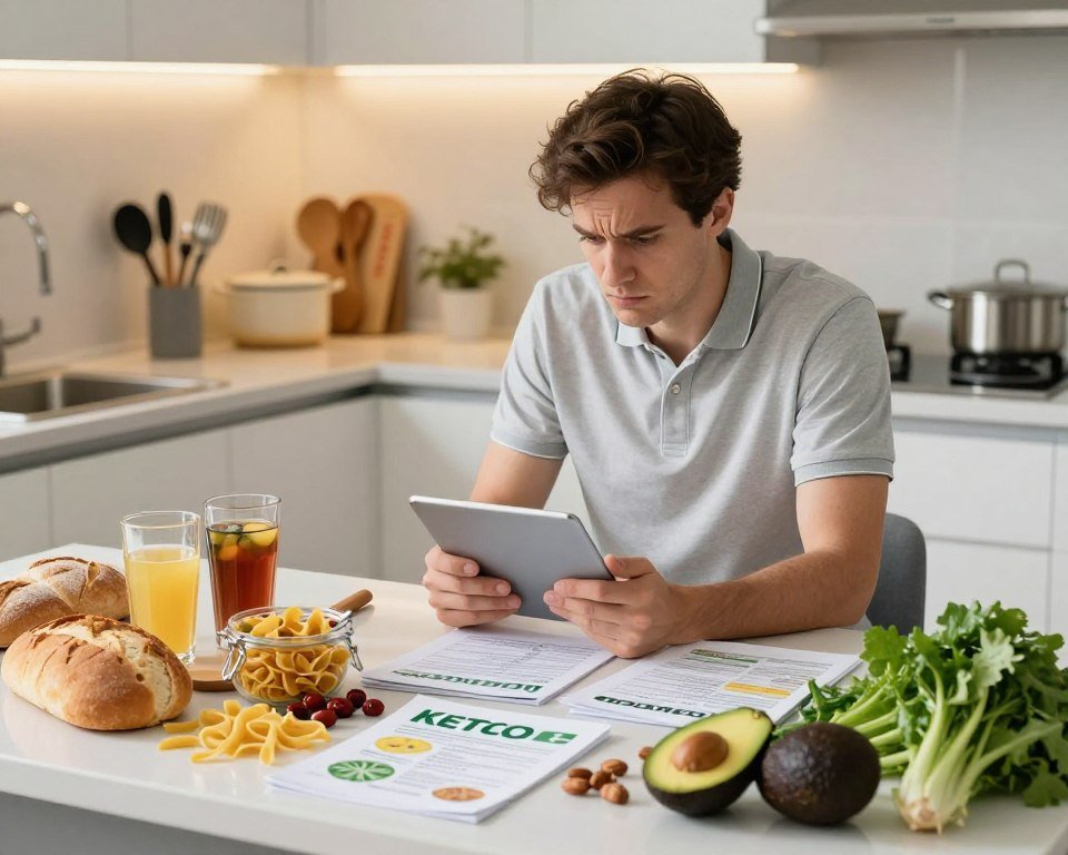 A visually engaging scene illustrating common keto mistakes beginners make. In the foreground, a kitchen countertop is cluttered with various food items, such as high-carb snacks like bread, pasta, and sugary drinks, contrasting with healthy keto foods like avocados, nuts, and leafy greens placed beside them. In the middle, a concerned-looking person in neat casual clothing (like a polo shirt and jeans) reviews a recipe on their tablet, surrounded by scattered keto guides. In the background, a well-lit kitchen with a warm ambiance, highlighting cooking tools like pots and measuring cups. Soft, natural lighting accents the scene, creating a slightly chaotic yet informative atmosphere that captures the essence of diet confusion and learning. A visually engaging scene illustrating common keto mistakes beginners make. In the foreground, a kitchen countertop is cluttered with various food items, such as high-carb snacks like bread, pasta, and sugary drinks, contrasting with healthy keto foods like avocados, nuts, and leafy greens placed beside them. In the middle, a concerned-looking person in neat casual clothing (like a polo shirt and jeans) reviews a recipe on their tablet, surrounded by scattered keto guides. In the background, a well-lit kitchen with a warm ambiance, highlighting cooking tools like pots and measuring cups. Soft, natural lighting accents the scene, creating a slightly chaotic yet informative atmosphere that captures the essence of diet confusion and learning.