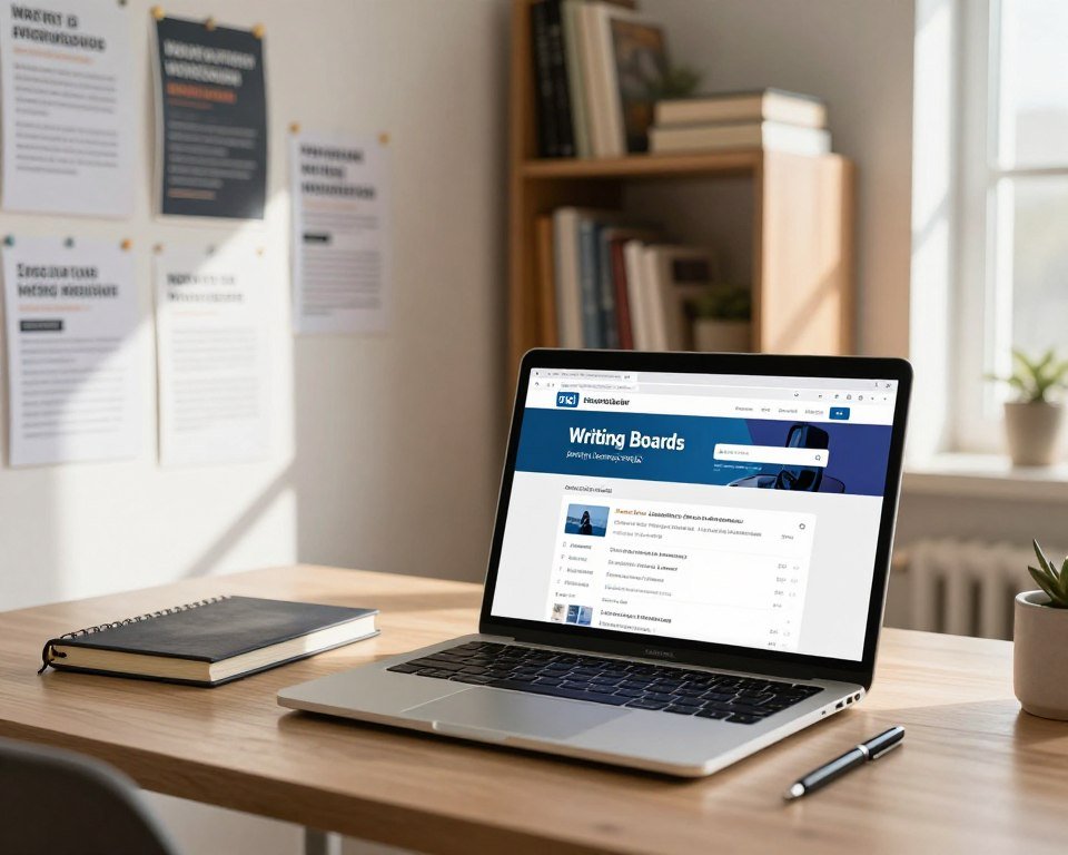 A visually engaging workspace scene centered on a computer screen displaying specialized writing job boards. In the foreground, a neatly organized desk features a laptop with vibrant job listings on the screen, alongside writing tools like a notebook and a pen. The middle ground reveals a wall adorned with pinned job postings and flyers for writing workshops and newsletters. In the background, a cozy bookshelf filled with writing books and resources creates an atmosphere of learning and professionalism. Soft, natural lighting filters through a nearby window, casting gentle shadows that enhance the inviting mood of the workspace. The overall color palette is warm and inspiring, evoking a sense of creativity and opportunity in the writing industry.