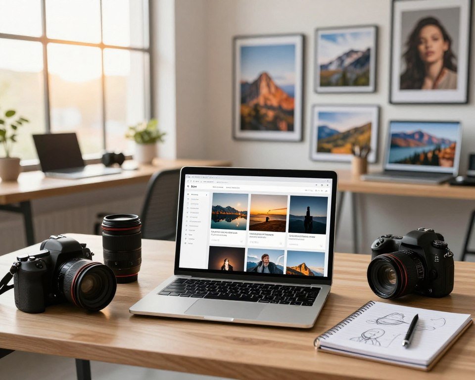 A visually striking composition showcasing a vibrant and modern workspace dedicated to freelance photography. In the foreground, a sleek laptop displays a beautifully designed photography portfolio on the screen, surrounded by professional camera gear—a DSLR camera, lenses, and a notepad with creative sketches. The middle ground features a stylish desk adorned with a few framed prints of stunning landscapes and portraits, reflecting a diverse range of photography styles. In the background, a large window lets in warm, natural light, illuminating the space and enhancing the atmosphere of inspiration and creativity. The overall mood is professional yet inviting, emphasizing the excitement of connecting with top freelance photography platforms. Capture this scene with a wide-angle lens to provide a dynamic perspective. A visually striking composition showcasing a vibrant and modern workspace dedicated to freelance photography. In the foreground, a sleek laptop displays a beautifully designed photography portfolio on the screen, surrounded by professional camera gear—a DSLR camera, lenses, and a notepad with creative sketches. The middle ground features a stylish desk adorned with a few framed prints of stunning landscapes and portraits, reflecting a diverse range of photography styles. In the background, a large window lets in warm, natural light, illuminating the space and enhancing the atmosphere of inspiration and creativity. The overall mood is professional yet inviting, emphasizing the excitement of connecting with top freelance photography platforms. Capture this scene with a wide-angle lens to provide a dynamic perspective.