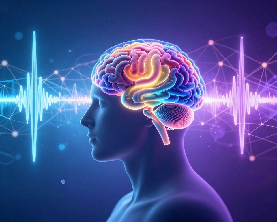A visually striking representation of brainwave frequencies impacting cognitive function and emotions, featuring an abstract human silhouette in the foreground, with a glowing, vibrant brain at the center, radiating colorful waveforms and patterns symbolizing different brainwave frequencies. The middle ground displays intricate neural networks and synaptic connections illuminated by soft, ethereal lighting, creating a sense of depth and connectivity. In the background, a shimmering gradient of blues and purples evokes a calm yet dynamic atmosphere, representing mental clarity and emotional balance. The composition should be balanced and harmonious, conveying a sense of enlightenment and the complexity of the mind. The scene should be captured with a wide-angle lens to enhance the spatial dynamics, ensuring a professional, clean aesthetic without any text or distractions. A visually striking representation of brainwave frequencies impacting cognitive function and emotions, featuring an abstract human silhouette in the foreground, with a glowing, vibrant brain at the center, radiating colorful waveforms and patterns symbolizing different brainwave frequencies. The middle ground displays intricate neural networks and synaptic connections illuminated by soft, ethereal lighting, creating a sense of depth and connectivity. In the background, a shimmering gradient of blues and purples evokes a calm yet dynamic atmosphere, representing mental clarity and emotional balance. The composition should be balanced and harmonious, conveying a sense of enlightenment and the complexity of the mind. The scene should be captured with a wide-angle lens to enhance the spatial dynamics, ensuring a professional, clean aesthetic without any text or distractions.