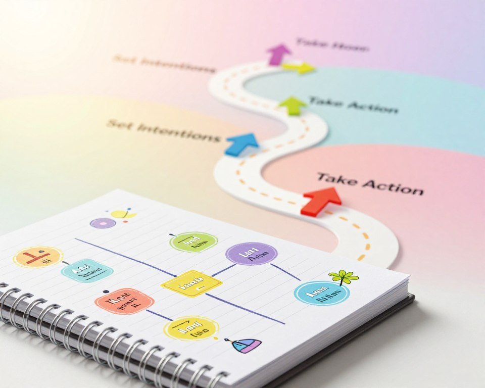 A visually striking roadmap for a manifestation plan, featuring a sleek, modern design. In the foreground, a spiral notebook with colorful illustrations representing key manifestation concepts, such as visualization and affirmations. The middle ground showcases a winding path with vibrant arrows and steps labeled with essential milestones like ‘Set Intentions’ and ‘Take Action’. In the background, a soft-focus gradient of pastel colors symbolizes positivity and growth, evoking a dreamy, inspirational atmosphere. Overall lighting should be bright and uplifting, creating a sense of clarity and optimism. Capture the scene from a slightly elevated angle, as if looking down at the roadmap, with a gentle sunlight effect emphasizing the journey ahead.