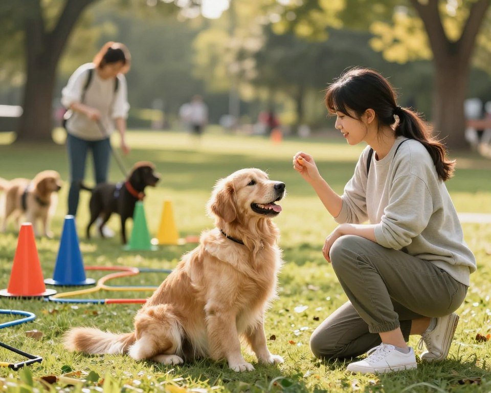 A warm, sunlit outdoor park scene showcasing a dog and its owner engaged in training activities. In the foreground, a happy golden retriever sits attentively beside a young adult woman wearing comfortable casual clothing, holding a treat in her hand as she encourages the dog to learn a new command. The middle ground features a set of training tools like cones and agility equipment, while other dog owners in the background are also working with their pets, creating a sense of community. The atmosphere is cheerful and focused, with soft, diffused sunlight filtering through the trees, casting gentle shadows on the grass. The scene captures the bonding experience between the dog and owner, highlighting the joy of learning together. A warm, sunlit outdoor park scene showcasing a dog and its owner engaged in training activities. In the foreground, a happy golden retriever sits attentively beside a young adult woman wearing comfortable casual clothing, holding a treat in her hand as she encourages the dog to learn a new command. The middle ground features a set of training tools like cones and agility equipment, while other dog owners in the background are also working with their pets, creating a sense of community. The atmosphere is cheerful and focused, with soft, diffused sunlight filtering through the trees, casting gentle shadows on the grass. The scene captures the bonding experience between the dog and owner, highlighting the joy of learning together.