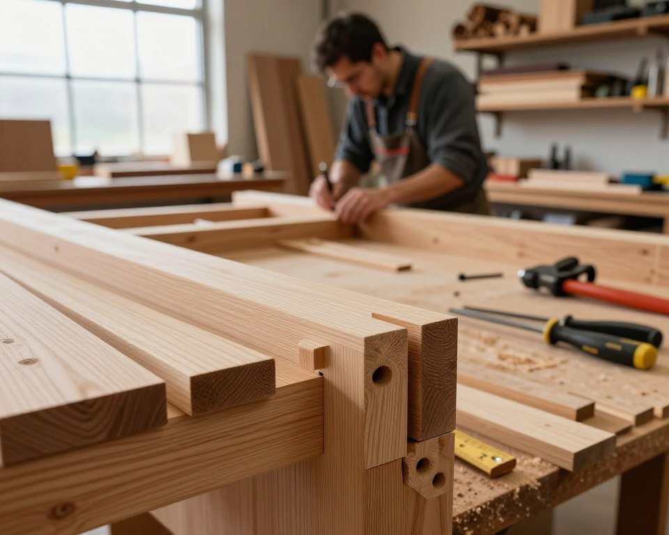 A well-lit woodworking workshop, showcasing an advanced woodworking project focused on precision joinery techniques. In the foreground, detailed close-ups of intricately cut wooden joints, highlighting dovetails and mortise-and-tenon connections, with fine grain textures visible. The middle ground features a skilled artisan dressed in professional attire, intently assembling a wooden frame, surrounded by high-quality hand tools and measuring instruments. The background shows shelves filled with neatly organized wood species and a large window allowing soft, natural light to flood the space, enhancing the warm wood tones. The atmosphere is one of concentration and craftsmanship, evoking a sense of mastery and dedication to the art of woodworking, captured with a shallow depth of field to maintain focus on the joinery work.